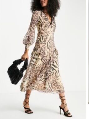 ASOS Animal Print Ruffle V-Neck Midi Dress - Beige/Brown SIZE 4. Animal print.